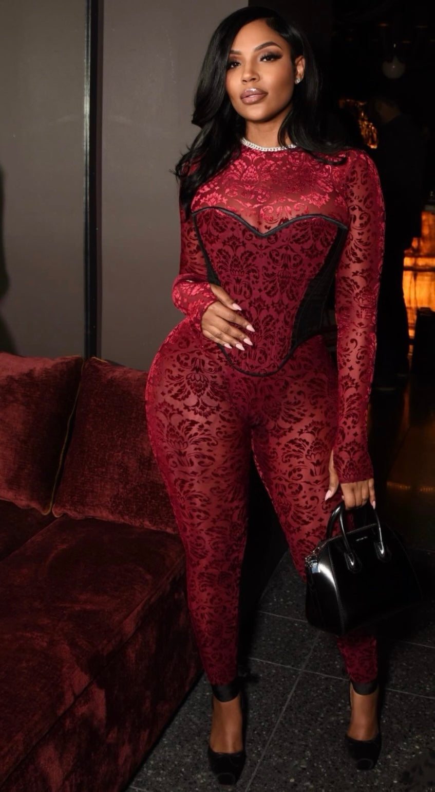 Baroque Merlot Flor De Lis Catsuit Set