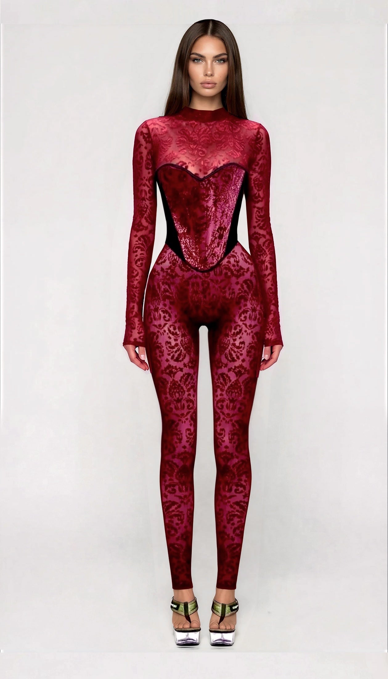 Baroque Merlot Flor De Lis Catsuit Set